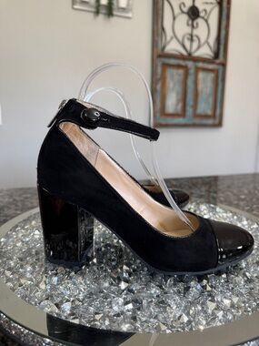 Unisa Black Mary Jane Block Heel with Patent Toe